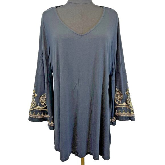 Rose + Olive Embroidered Liquid Knit Top Size 1X Bell Sleeves Witchy Whimsygoth - Picture 1 of 9